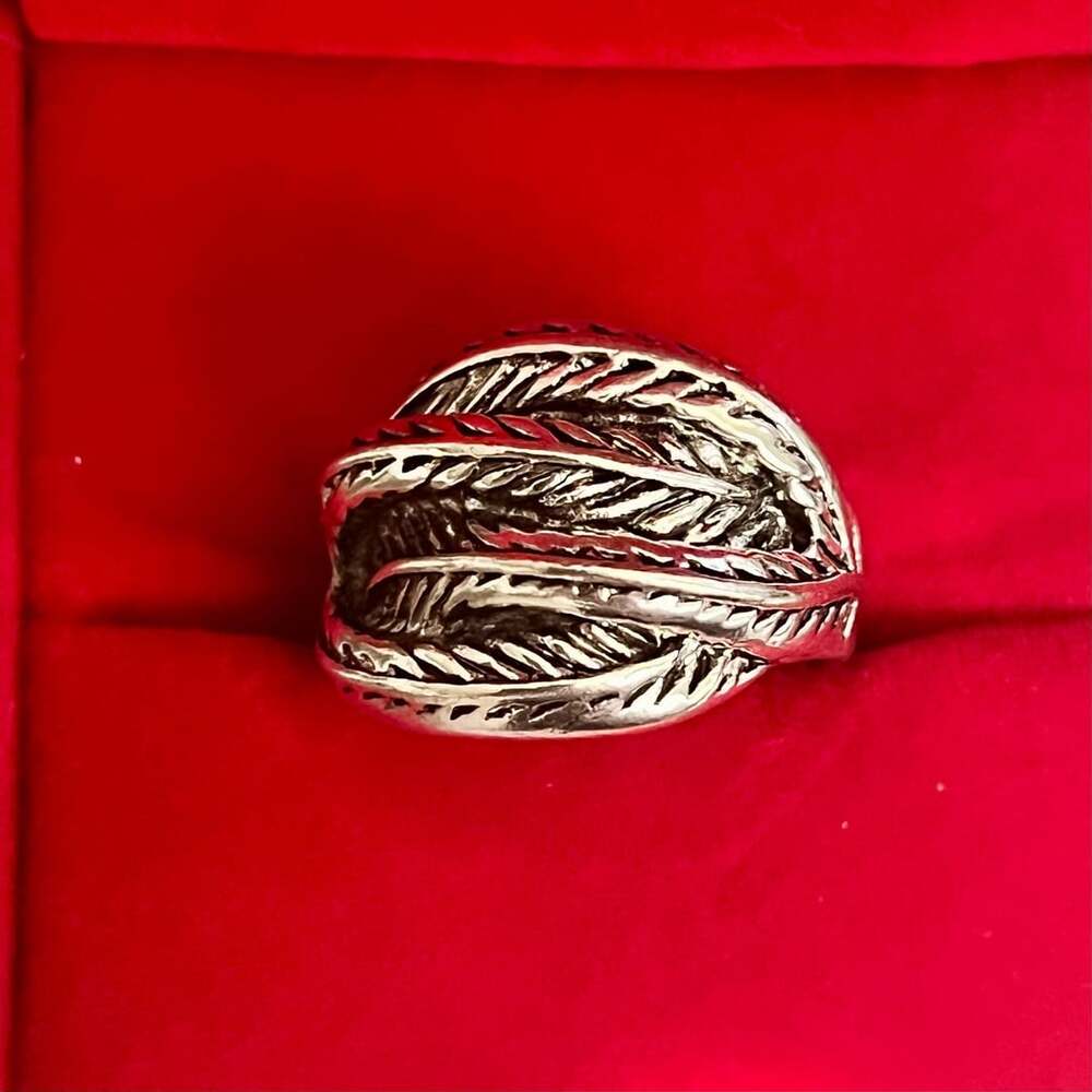Vintage Feather Wrap Silver Titanium Steel Open Statement Ring Size 8